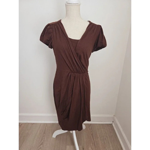 Peruvian Connection Dresses & Skirts - Peruvian Connection Brown Faux Wrap Short Sleeves Knee Pima Cotton Blend Dress M